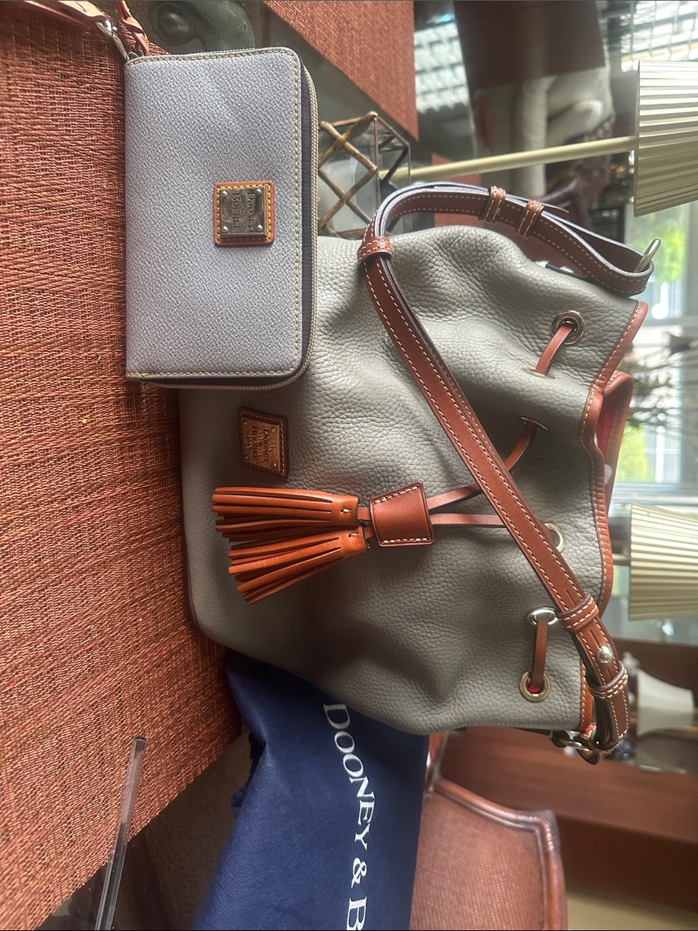 Dooney & Bourke Gray Pebbled Leather Hobo with Brown Trim and Tassel